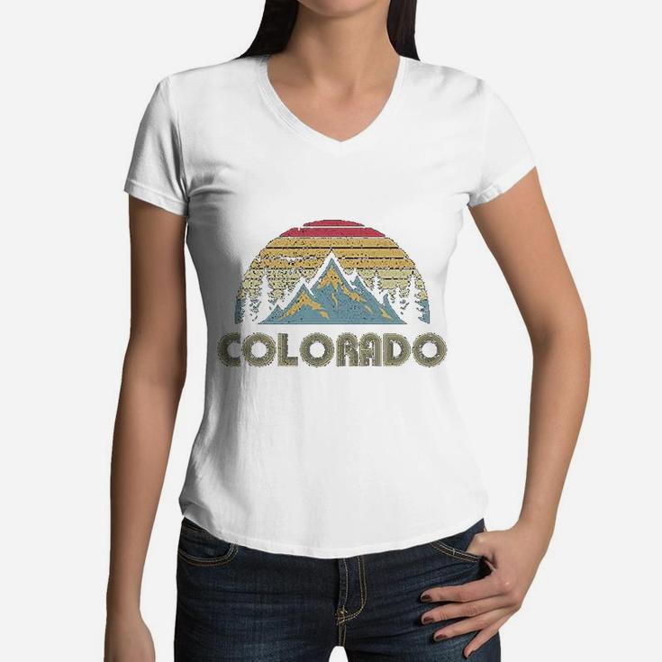 Colorado Retro Vintage Mountains Nature Hiking Women V-Neck T-Shirt