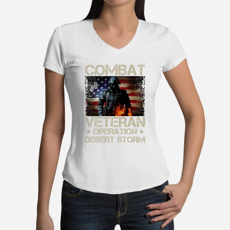 Combat Veteran Operation Desert Strom American Flag Women V-Neck T-Shirt