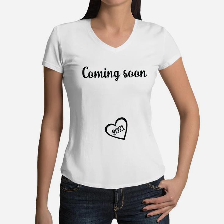 Coming Soon 2021 Mom To Be Reveal New Mom Announcement Women V-Neck T-Shirt