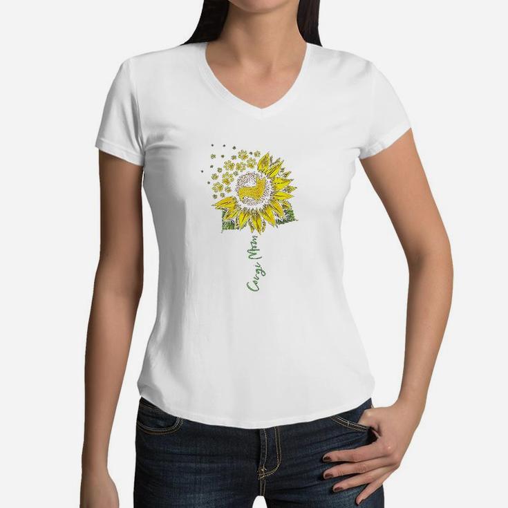 Corgi Mom Sunflower Corgi Lover Gifts Dog Mom Mama Women V-Neck T-Shirt