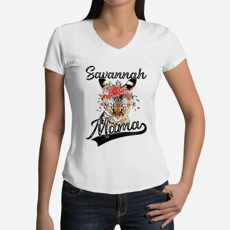 Cute Savannah Mama Flower Graphic Cat Lover Women V-Neck T-Shirt