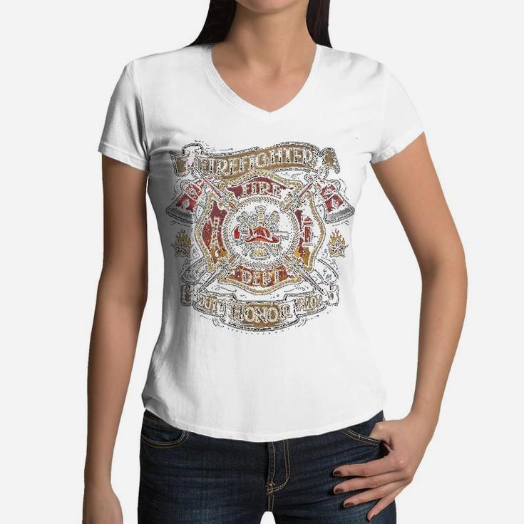 Firefighter Vintage Tattoo Art Women V-Neck T-Shirt