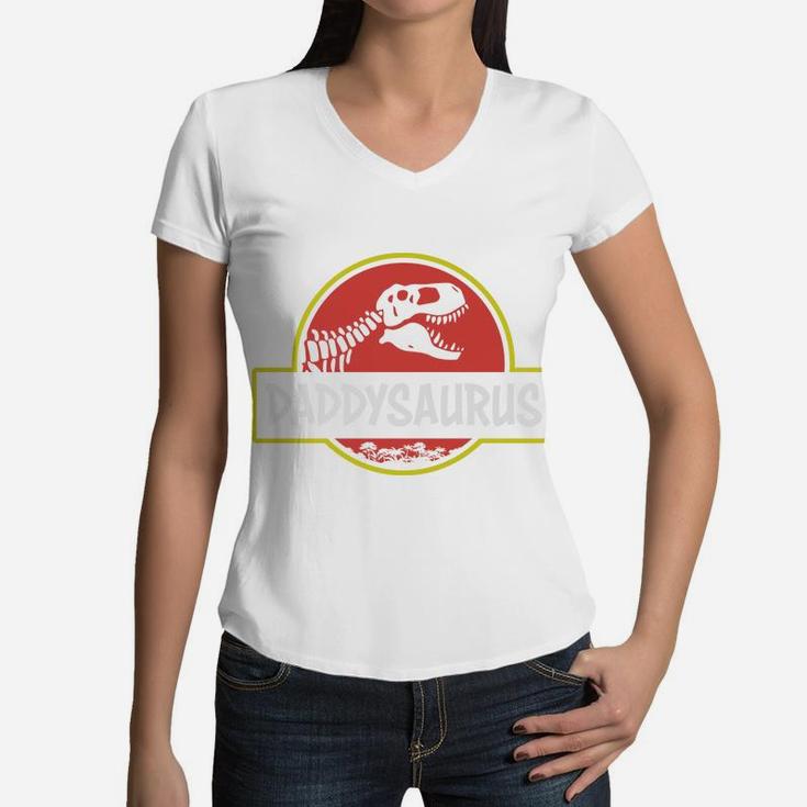 Funny Daddysaurus Dinosaur Cool Dad Gifts Women V-Neck T-Shirt