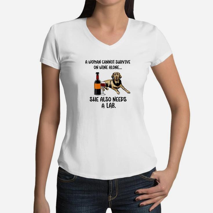 Funny Dog Mom Labrador Retriever Lab Wine Women V-Neck T-Shirt