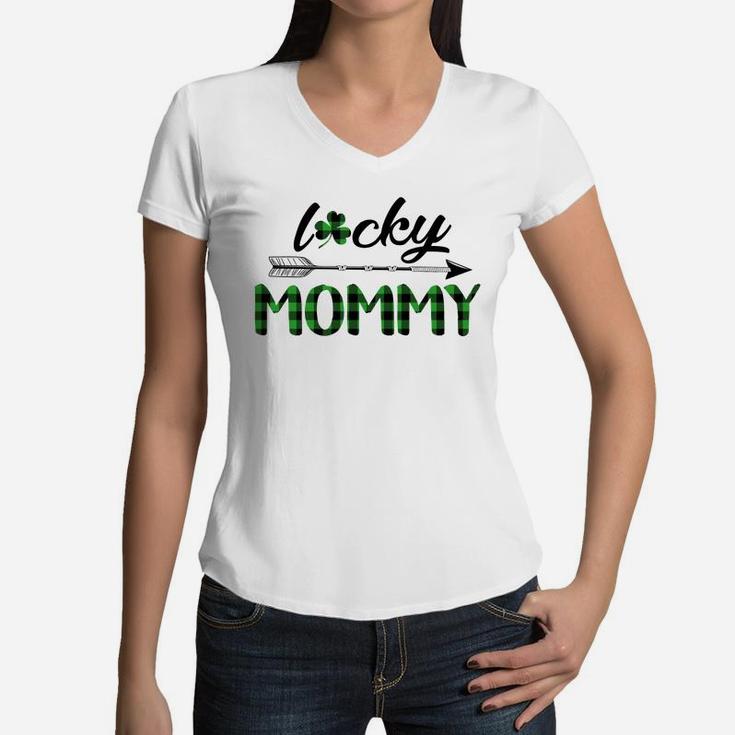 Green Plaid Lucky  Mommy Women V-Neck T-Shirt