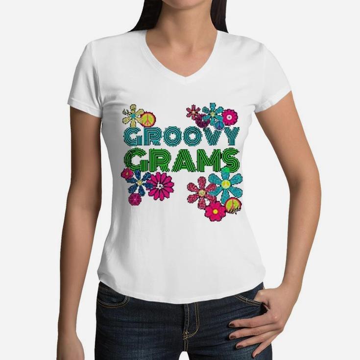 Groovy Grams Grandmother Hippie Flower Women V-Neck T-Shirt