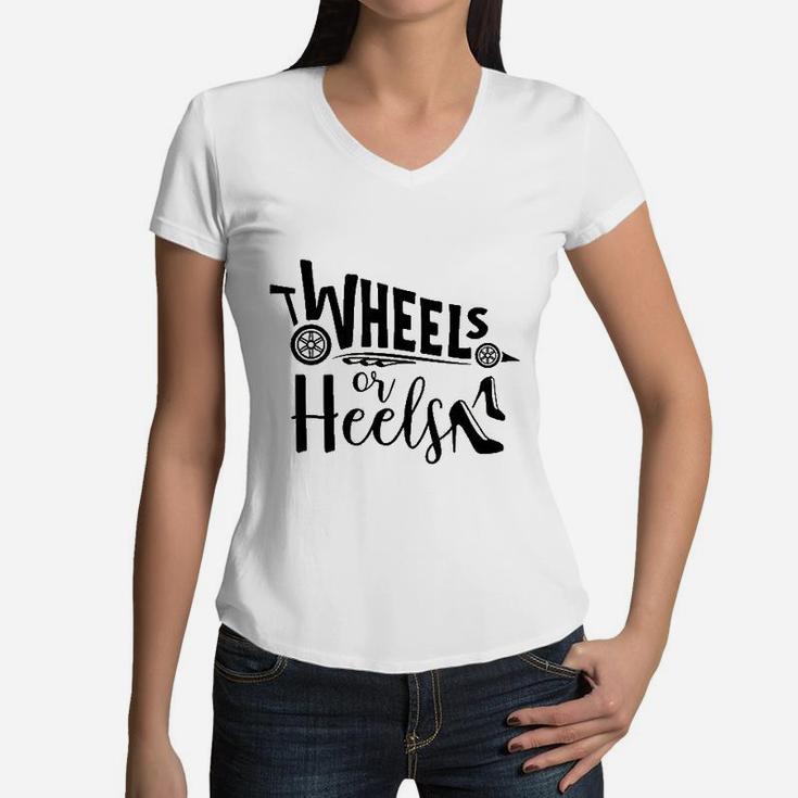 Heels Or Wheels Gender Reveal For Mom Dad Party Shower Women V-Neck T-Shirt