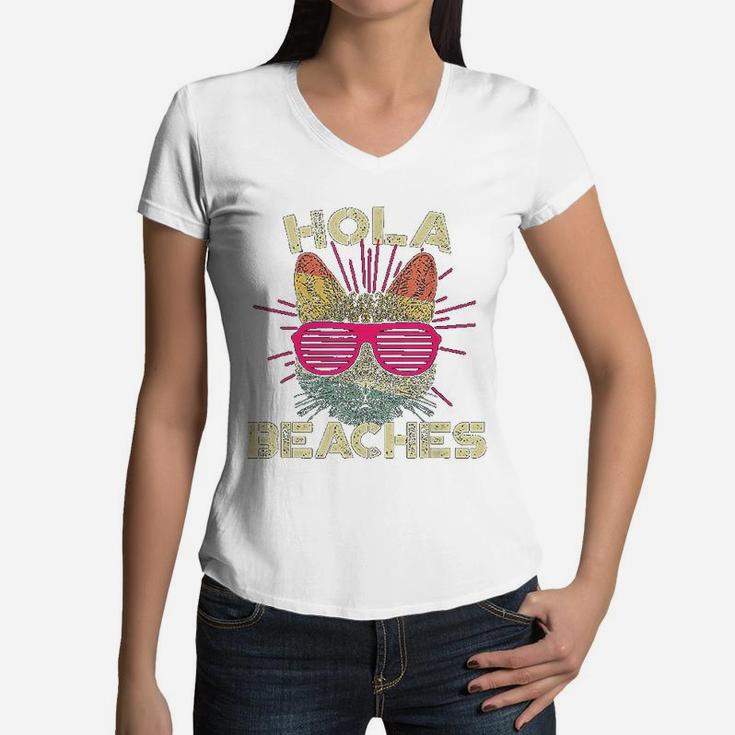 Hola Beaches Vintage Cat Women V-Neck T-Shirt