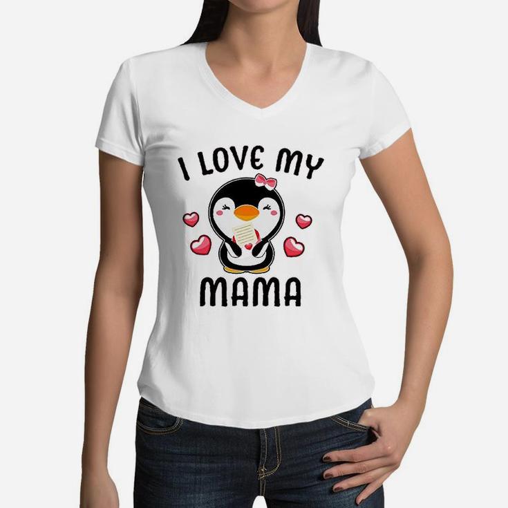 I Love My Mama With Cute Penguin And Hearts Women V-Neck T-Shirt