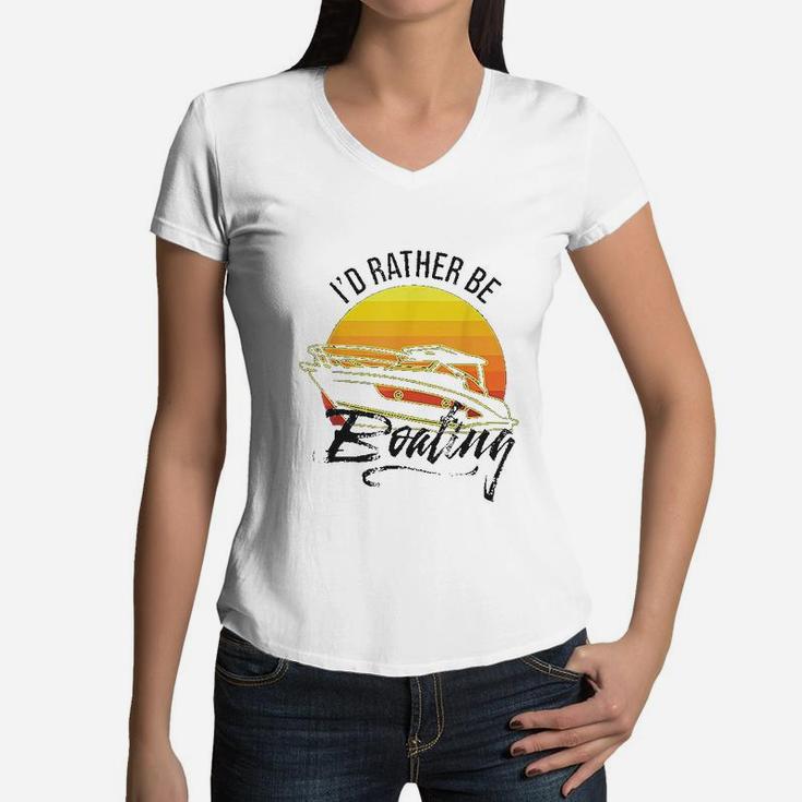 Id Rather Be Boating Retro Vintage Sailboat Yacht Sailing Women V-Neck T-Shirt