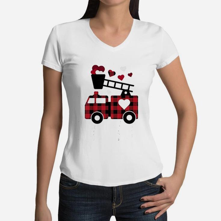 Kids Fire Truck Buffalo Plaid Valentines Day Mom Dad Son Women V-Neck T-Shirt