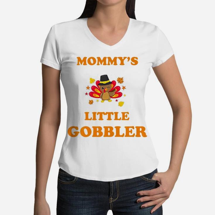 Kids Thanksgiving Mommys Little Gobbler Cute Kids Women V-Neck T-Shirt
