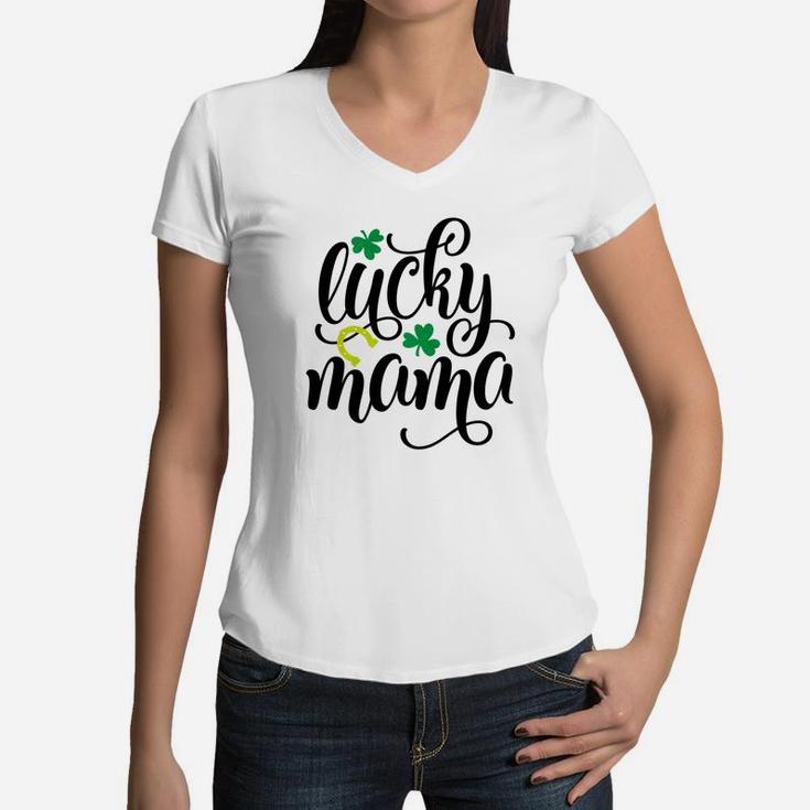 Lucky Mama Clover Shamrock Horseshoe St Patty Women V-Neck T-Shirt