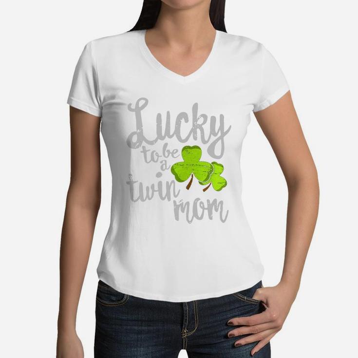Lucky To Be A Twin Mom St Patricks Day M Women V-Neck T-Shirt
