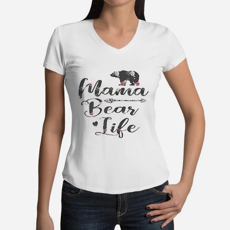 Mama Bear Life Cute Floral Top Gifts Mom Boho Women V-Neck T-Shirt