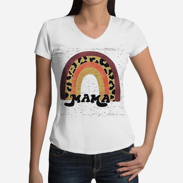 Mama Leopard Graphic Rainbow Women V-Neck T-Shirt