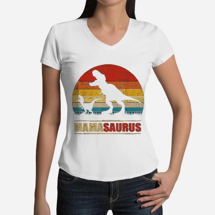 Mamasaurus T Rex Dinosaur Funny Mama Saurus Women V-Neck T-Shirt