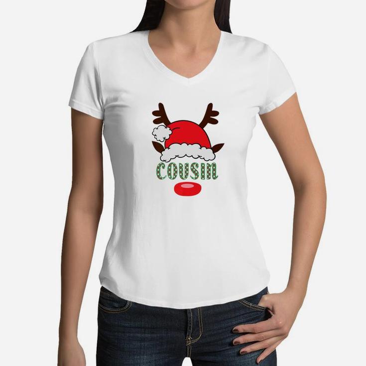 Matching Family Santa Hat With Reindeer Antlers Cousin Women V-Neck T-Shirt