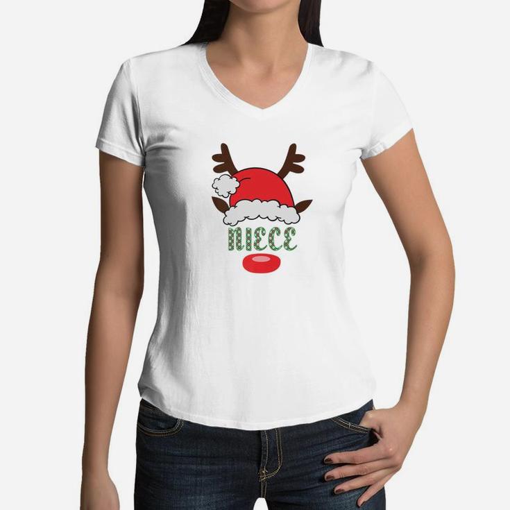 Matching Family Santa Hat With Reindeer Antlers Niece Women V-Neck T-Shirt