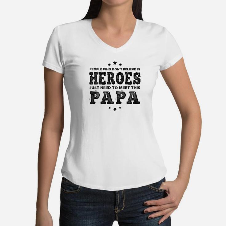 Mens Family Fathers Day Heroes Papa Men Women V-Neck T-Shirt