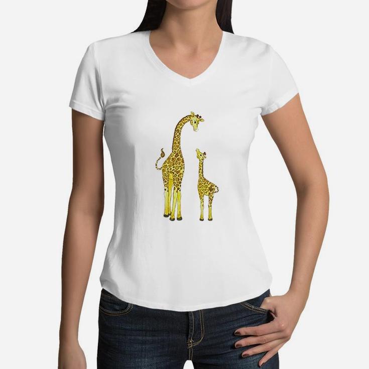 Mom And Baby Giraffe Women V-Neck T-Shirt