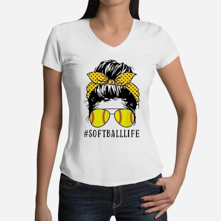 Mom Life Softball Baseball Mothers Day Messy Bun Women V-Neck T-Shirt