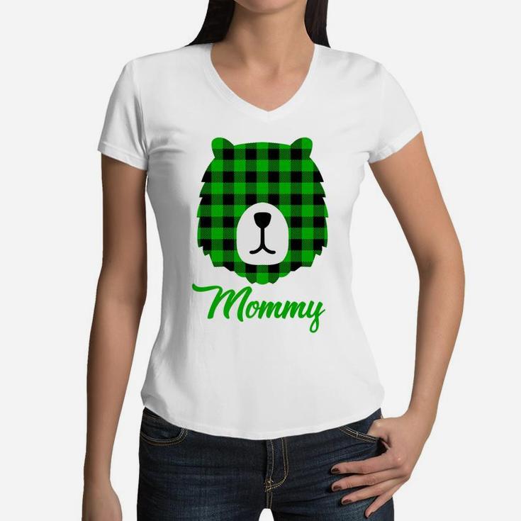 Mommy Bear Buffalo Green Plaid St Patricks Day Women V-Neck T-Shirt