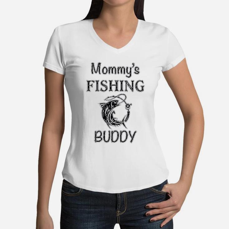 Mommy Fishing Buddy Mom Mothers Boy And Girl Women V-Neck T-Shirt