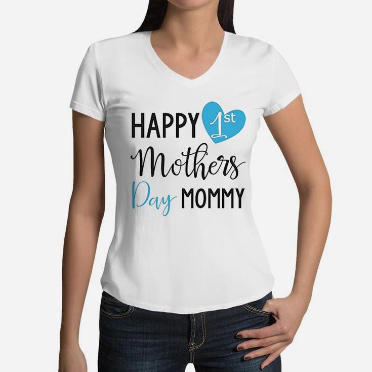 Mothers Day Baby Onesies Happy 1st Mothers Day Mommy Cute Baby Women V-Neck T-Shirt