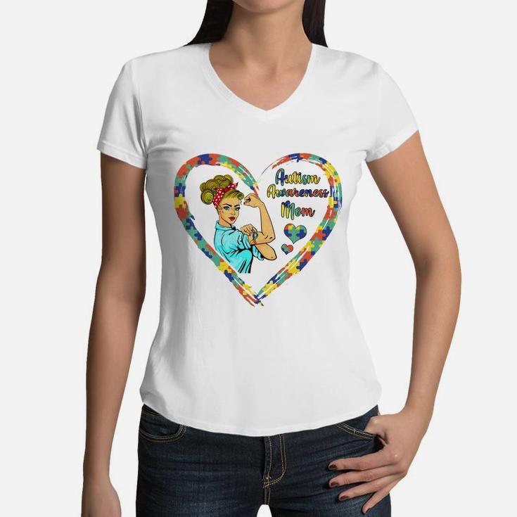 Mother's Day Gift, Autism Awareness Mom Strong Awareness, Mom Gift Women V-Neck T-Shirt