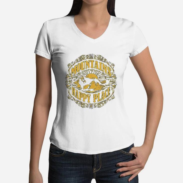Mountains Are My Happy Place Cool Vintage Hiking Camping Women V-Neck T-Shirt