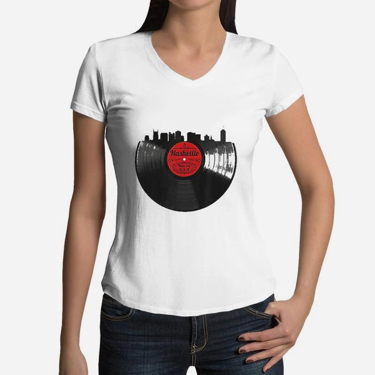 Nashville Tennessee Skyline Vinyl Record Vintage Women V-Neck T-Shirt