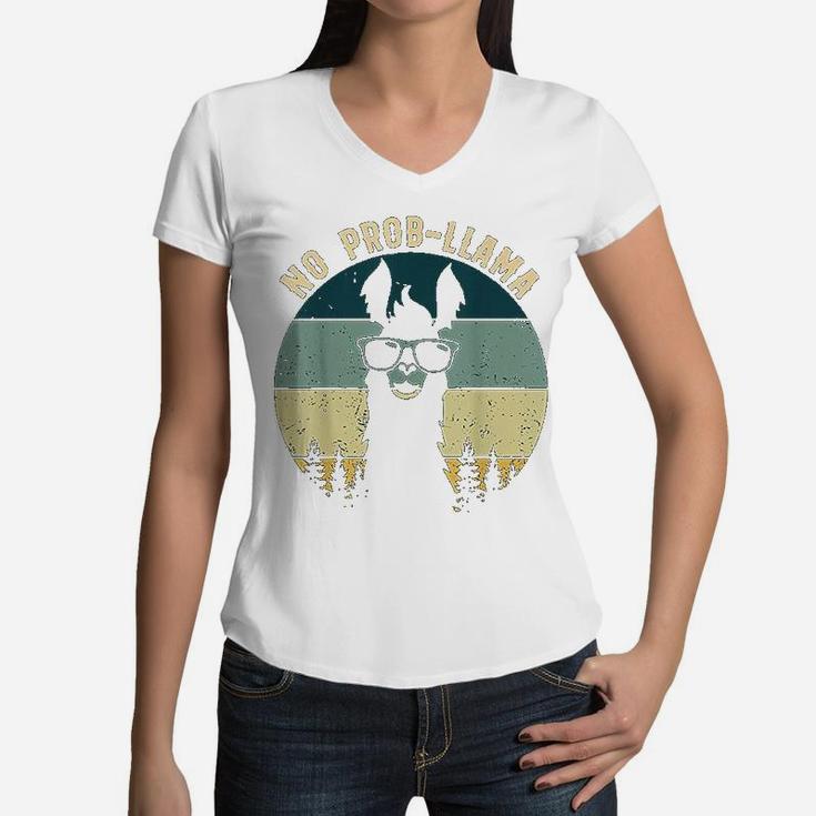 No Probllama Vintage Llama Alpaca Women V-Neck T-Shirt