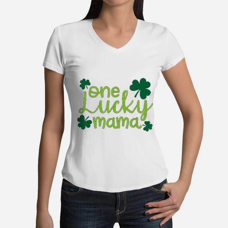 One Lucky Mama Cute St Pattys Day Four Leaf Clover Women V-Neck T-Shirt