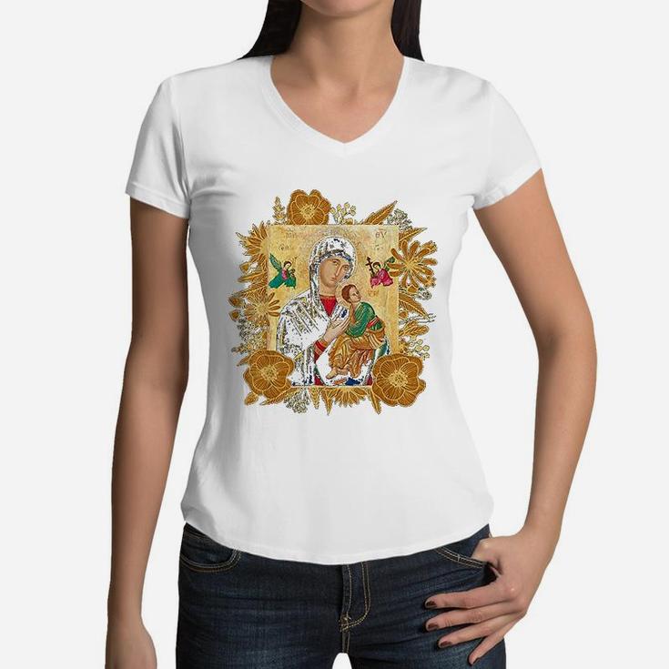 Our Lady Of Perpetual Help Blessed Mother Mary Catholic Icon Women V-Neck T-Shirt