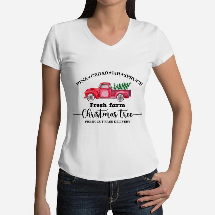Pine Cedar Fir Spruce Fresh Farm Christmas Trees Women V-Neck T-Shirt
