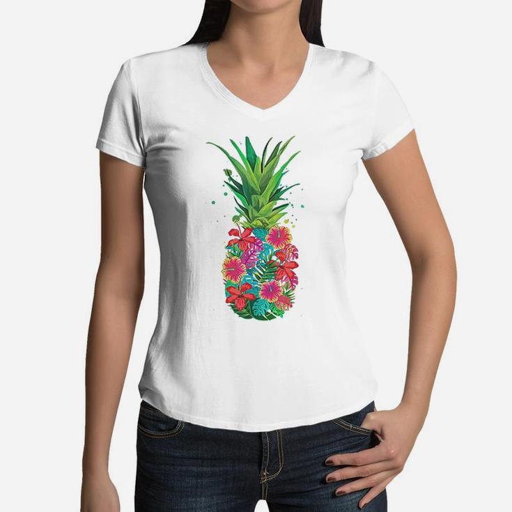 Pineapple Flowers Aloha Hawaii Vintage Hawaiian Women V-Neck T-Shirt