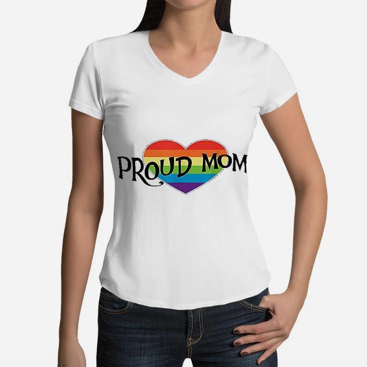 Proud Mom Lgbtq Pride Support Rainbow Heart Women V-Neck T-Shirt