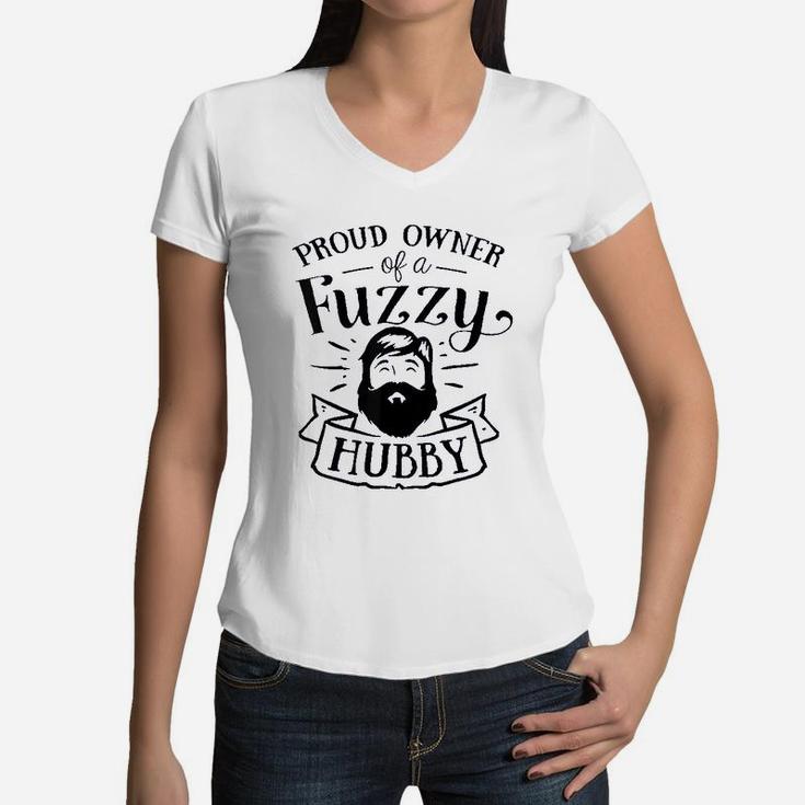 Proud Owner Of A Fuzzy Hubby Funny Beard Wife Mom Women V-Neck T-Shirt