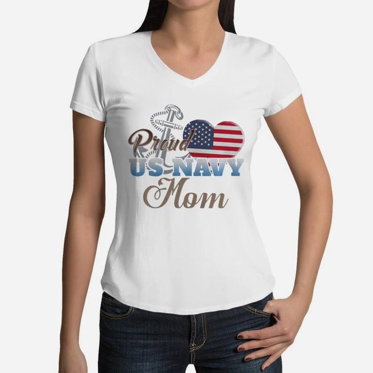 Proud Us Navy Mom Shirt - Navy Mom Patriotic Heart Women V-Neck T-Shirt