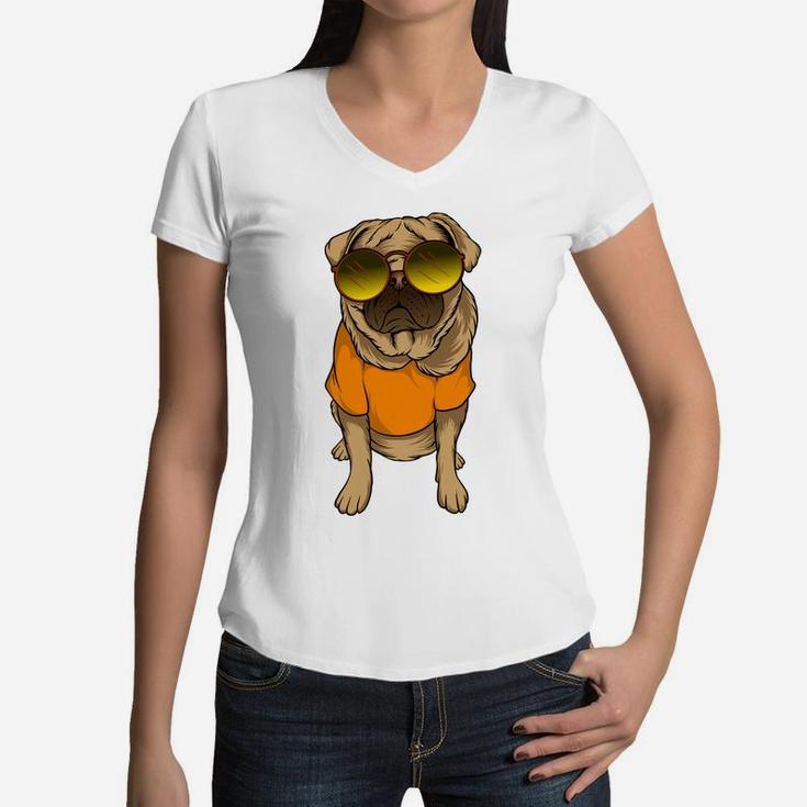 Pug Dog Wearing Sunglasses Cartoon Pet And Pet Lovers Women V-Neck T-Shirt