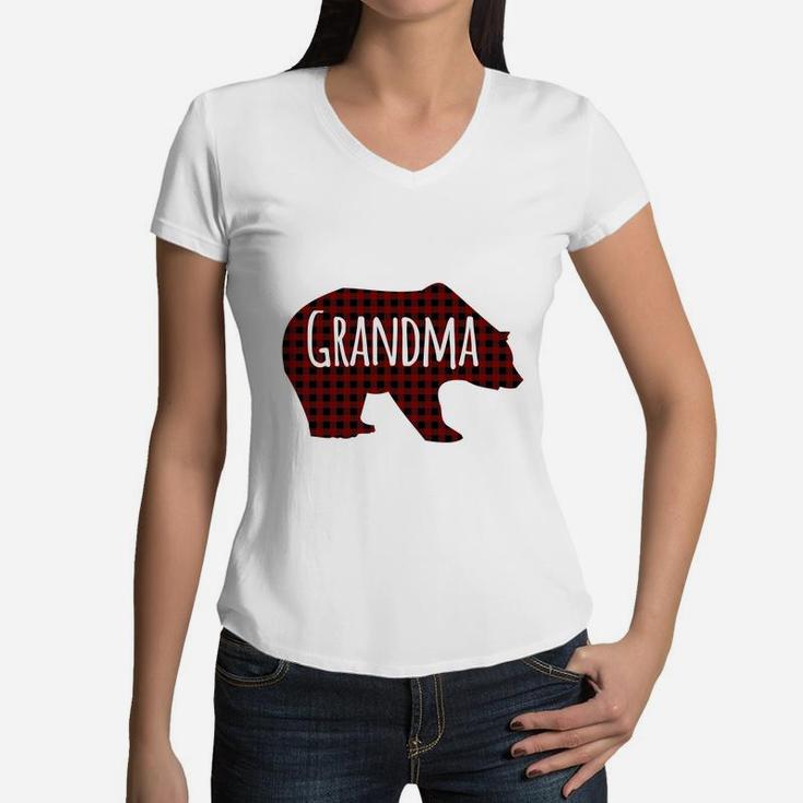 Red Plaid Grandma Bear Buffalo Matching Family Pajama (2) Women V-Neck T-Shirt