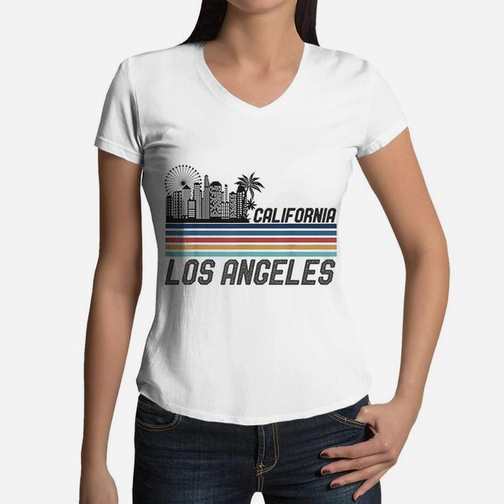 Retro Los Angeles Skyline Vintage 70s Los Angeles Women V-Neck T-Shirt