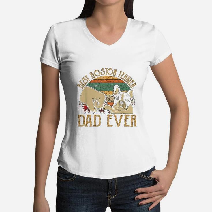 Retro Vintage Best Boston Terrier Dad Ever Women V-Neck T-Shirt