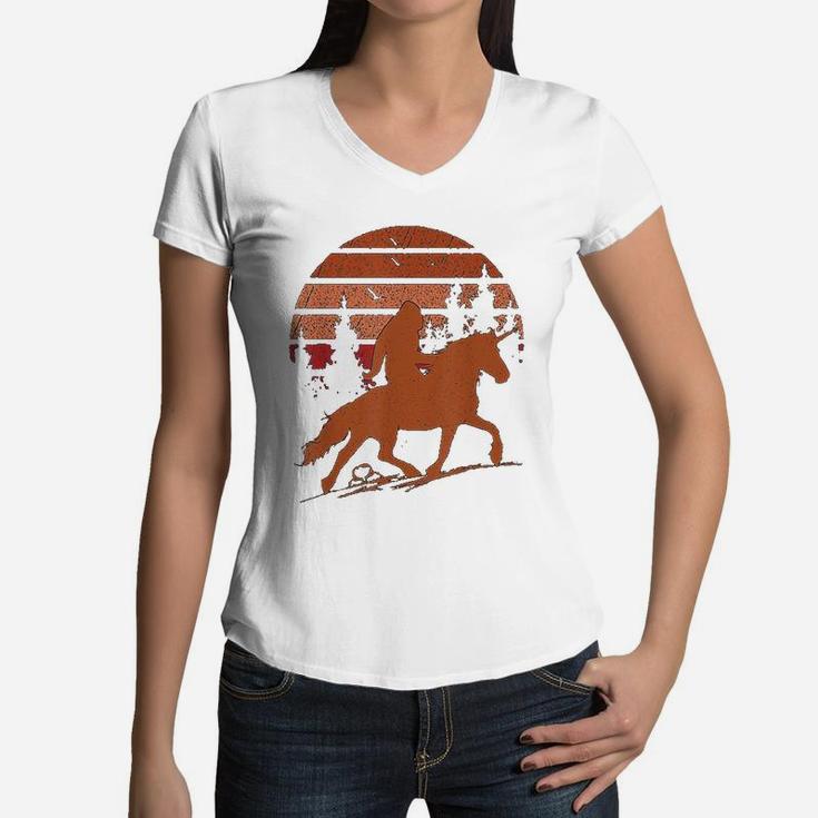 Sasquatch Riding A Unicorn Bigfoot Retro Sunset Vintage Women V-Neck T-Shirt