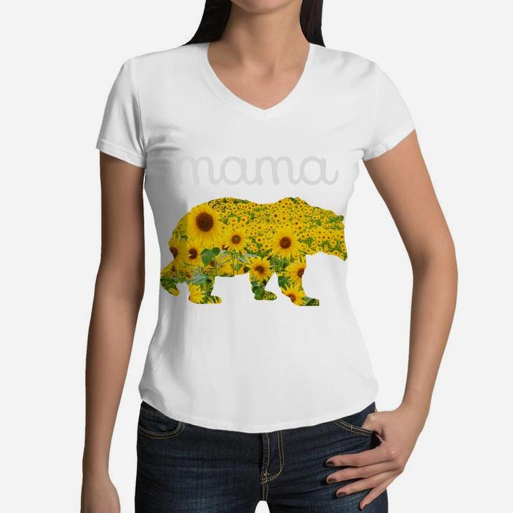 Sunflower Bear Mothers Day Flowers Mama Floral Prin Women V-Neck T-Shirt