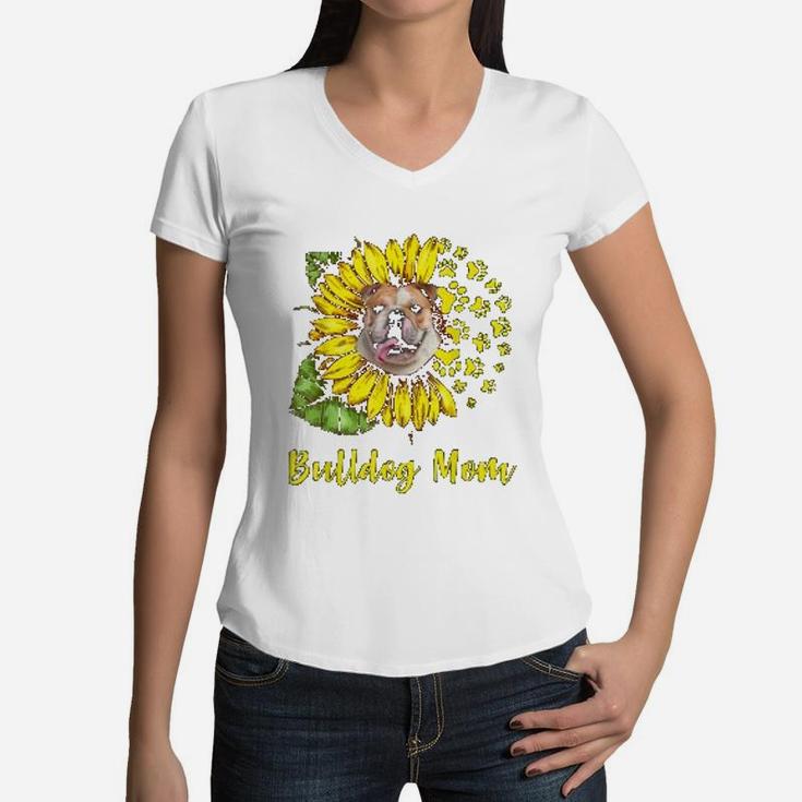 Sunflower Bulldog Mom Dog Lover Gift Women V-Neck T-Shirt