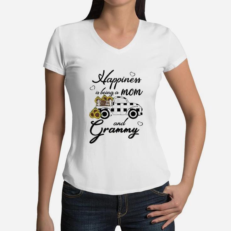 Sunflower Grandma Happiness Is Being A Mom And Grammy Women V-Neck T-Shirt