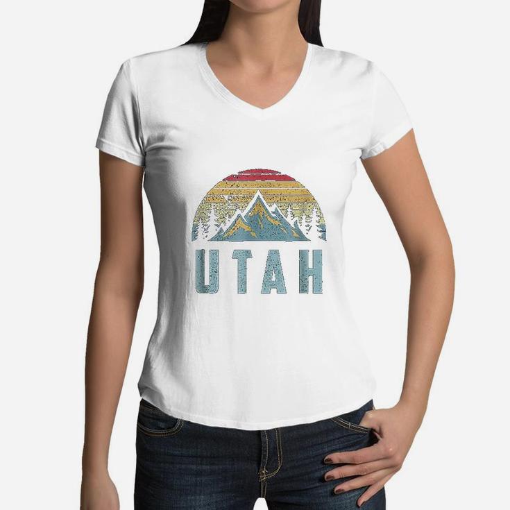 Utah Retro Vintage Mountains Hiking Nature Women V-Neck T-Shirt