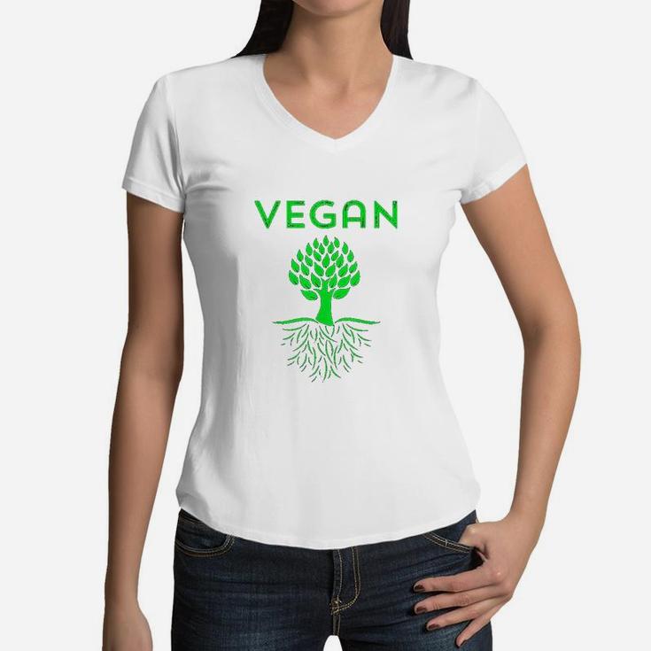 Vegan Tree Roots Green Vegetarian Love Mother Earth Organic Women V-Neck T-Shirt